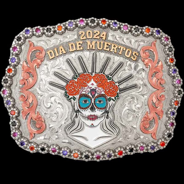Celebrate the Day of the Dead with our colorful Pasadena Belt Buckle! It is crafted on a hand-engraved, German Silver base. Detailed with Copper scrolls, Jeweler's Bronze lettering and a berry edge.

Customize it with your lettering, figure, and stones 